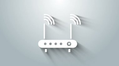 Beyaz Yönlendirici ve Wi-Fi sinyal simgesi gri arkaplanda izole edilmiş. Kablosuz ethernet modem yönlendirici. Bilgisayar teknolojisi interneti. 4K Video hareketli grafik canlandırması