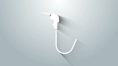 Gri arka planda beyaz benzin pompası ikonu izole edildi. Yakıt pompası istasyonu. Yakıt ikmal tabelası. Benzin istasyonu ikonu. 4K Video hareketli grafik canlandırması