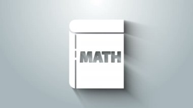 Gri arkaplanda izole edilmiş kelime matematik ikonu olan beyaz kitap. Matematik kitabı. Okula geri dönmekle ilgili eğitim konsepti. 4K Video hareketli grafik canlandırması