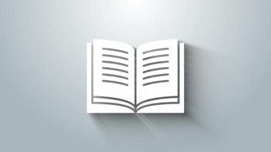 Beyaz Açık kitap simgesi gri arkaplanda izole edildi. 4K Video hareketli grafik canlandırması