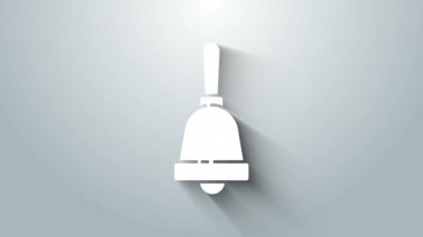 Gri arkaplanda beyaz zil simgesi izole edildi. Alarm sembolü, servis zili, el zili işareti, uyarı sembolü. 4K Video hareketli grafik canlandırması