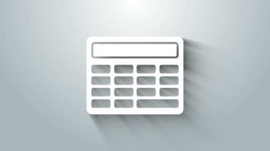 Gri arkaplanda beyaz hesap makinesi simgesi izole edildi. Muhasebe sembolü. İş hesaplamaları matematik eğitimi ve finans. 4K Video hareketli grafik canlandırması