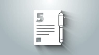 Gri arkaplanda beyaz Test veya sınav kağıdı ve kalem simgesi izole edildi. Sınav kağıdı, sınav ya da araştırma konsepti. 4K Video hareketli grafik canlandırması