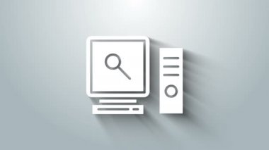 Gri arkaplanda bilgisayar ekranındaki beyaz arama simgesi izole edildi. Ekran ve büyüteç. 4K Video hareketli grafik canlandırması