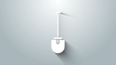 Beyaz Kürek simgesi gri arkaplanda izole edildi. Bahçe aletleri. Bahçecilik, tarım, çiftçilik aleti. 4K Video hareketli grafik canlandırması