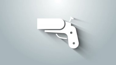Beyaz işaret fişeği tabancası gri arka planda izole edilmiş bir ikon sinyali veriyor. Acil ateş, hedef duman. Turuncu 911 fırlatıcısı. 4K Video hareketli grafik canlandırması