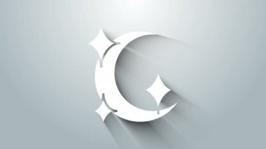 Beyaz Ay ve yıldızların simgesi gri arkaplanda izole edildi. 4K Video hareketli grafik canlandırması
