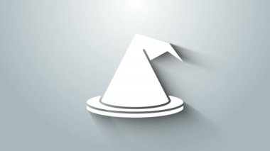 Beyaz Cadı şapkası simgesi gri arkaplanda izole edildi. Mutlu Cadılar Bayramı Partisi. 4K Video hareketli grafik canlandırması