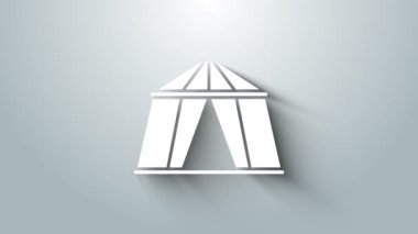 Beyaz Sirk çadır simgesi gri arkaplanda izole edildi. Karnaval kamp çadırı. Eğlence parkı. 4K Video hareketli grafik canlandırması