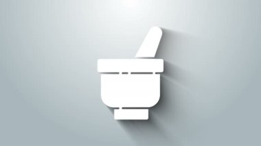 Beyaz Sihirli havan ve tokmak simgesi gri arkaplanda izole edildi. 4K Video hareketli grafik canlandırması