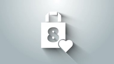 Gri arka planda kalp ikonu olan beyaz alışveriş torbası. 8 Mart. Uluslararası Mutlu Kadınlar Günü. 4K Video hareketli grafik canlandırması