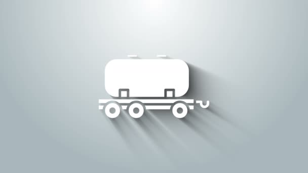 White Oil railway cistern icon isolated on grey background. Train oil tank on railway car. Rail freight. Oil industry. 4K Video motion graphic animation — Stock Video