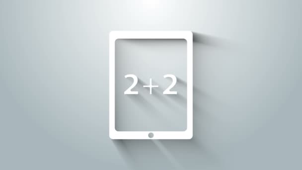 Hvid tablet med regnemaskine ikon isoleret på grå baggrund. Regnskabssymbol. Forretning beregninger matematik uddannelse. 4K Video bevægelse grafisk animation – Stock-video