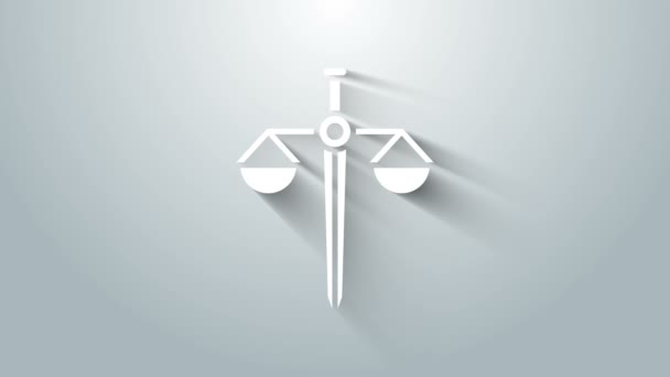 Escalas blancas de justicia icono aislado sobre fondo gris. Símbolo del tribunal. Signo de balanza. Animación gráfica de vídeo 4K — Vídeos de Stock