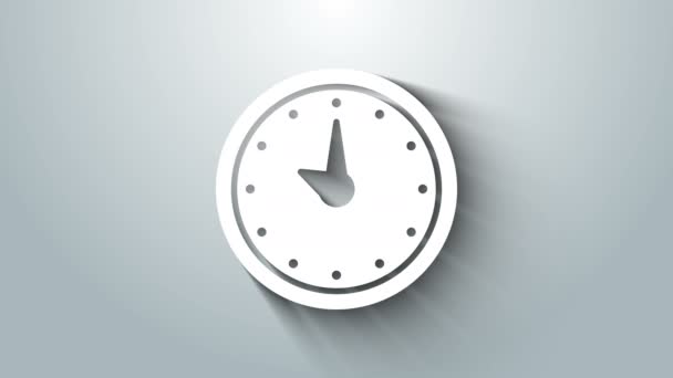 グレーの背景に分離されたホワイトクロックアイコン。時間の象徴だ。4Kビデオモーショングラフィックアニメーション — ストック動画