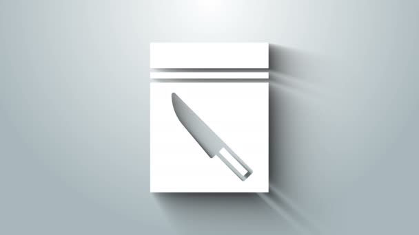 Bílá taška na důkazy a ikona nože izolované na šedém pozadí. Grafická animace pohybu videa 4K — Stock video
