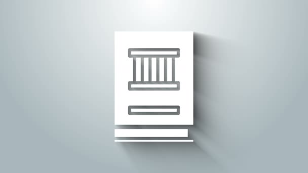 Icono del libro de la ley blanca aislado sobre fondo gris. Libro de jueces legales. Concepto de juicio. Animación gráfica de vídeo 4K — Vídeo de stock