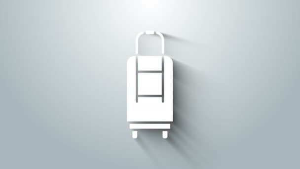 Λευκή βαλίτσα για εικονίδιο ταξιδιού που απομονώνεται σε γκρι φόντο. Πινακίδα αποσκευών. Εικονίδιο αποσκευών ταξιδιού. 4K Γραφική κίνηση κίνησης βίντεο — Αρχείο Βίντεο