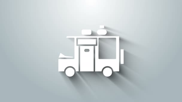 White Rv Camping přívěs ikona izolované na šedém pozadí. Cestovní karavan, karavan, obytný karavan na cestu. Grafická animace pohybu videa 4K — Stock video