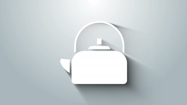 Hervidor blanco con icono de mango aislado sobre fondo gris. Icono de tetera. Animación gráfica de vídeo 4K — Vídeo de stock