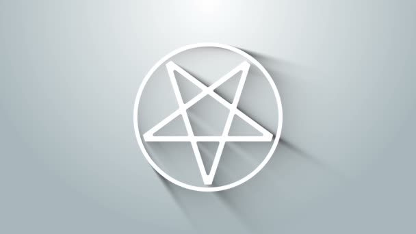Λευκό Pentagram σε ένα εικονίδιο κύκλου που απομονώνεται σε γκρι φόντο. Μαγικό απόκρυφο σύμβολο αστεριού. 4K Γραφική κίνηση κίνησης βίντεο — Αρχείο Βίντεο