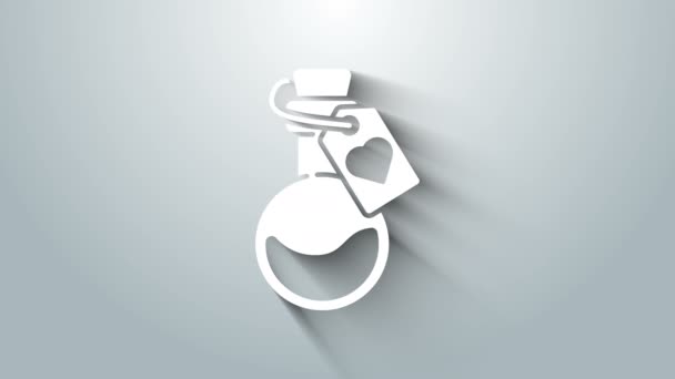 Bouteille blanche avec icône de potion d'amour isolée sur fond gris. Symbole de la Saint Valentin. Animation graphique de mouvement vidéo 4K — Video