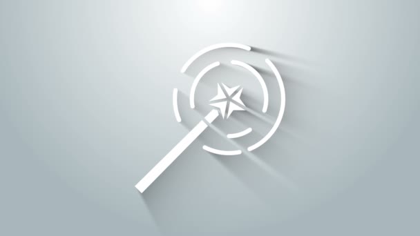 Icono de varita mágica blanca aislado sobre fondo gris. Accesorio mágico en forma de estrella. Poder mágico. Animación gráfica de vídeo 4K — Vídeo de stock