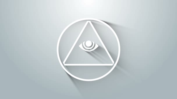 Witte Vrijmetselaars symbool Alziende oog van God pictogram geïsoleerd op grijze achtergrond. Het oog van de Voorzienigheid in de driehoek. 4K Video motion grafische animatie — Stockvideo