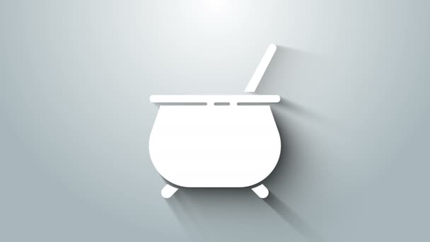 White Witch cauldron icon isolated on grey background. Happy Halloween party. 4K Video motion graphic animation — Stock Video