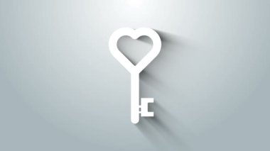 Gri arkaplanda izole edilmiş kalp şeklindeki beyaz anahtar. 8 Mart. Uluslararası Mutlu Kadınlar Günü. 4K Video hareketli grafik canlandırması