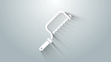 Beyaz Demir Testere simgesi gri arkaplanda izole edildi. Tahta ve metal testeresi. 4K Video hareketli grafik canlandırması