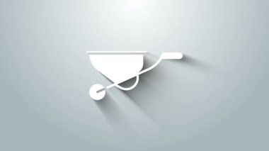 Beyaz El Arabası simgesi gri arkaplanda izole edildi. Alet edevat. Tarım arabası tekerlek çiftliği. 4K Video hareketli grafik canlandırması