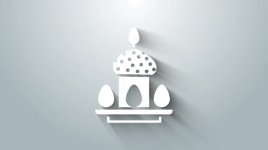 Beyaz Paskalya pastası ve yumurta ikonu gri arka planda izole edilmiş. Mutlu Paskalyalar. 4K Video hareketli grafik canlandırması