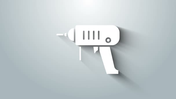Fehér Elektromos fúrógép ikon elszigetelt szürke háttér. Szerszámszerszám. 4K Videó mozgás grafikus animáció — Stock videók