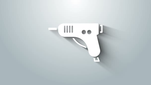 Biały elektryczny gorący klej pistolet ikona izolowane na szarym tle. Gorący klej pistoletowy. Gorący sprzęt do naprawy silikonu. 4K Animacja graficzna ruchu wideo — Wideo stockowe