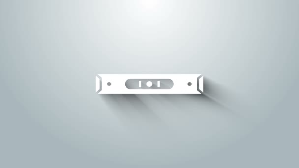 Λευκό εικονίδιο επιπέδου φούσκας κατασκευής απομονωμένο σε γκρι φόντο. Waterpas, όργανο μέτρησης, εξοπλισμός μέτρησης. 4K Γραφική κίνηση κίνησης βίντεο — Αρχείο Βίντεο