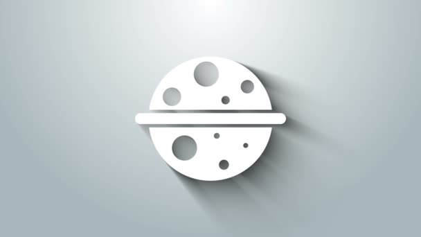Planeta Blanco Saturno con el icono del sistema de anillos planetarios aislado sobre fondo gris. Animación gráfica de vídeo 4K — Vídeos de Stock