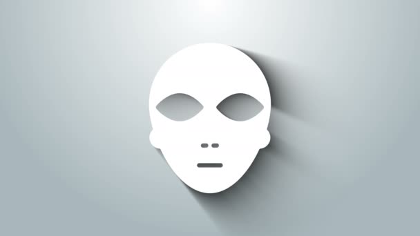 Icono Alien blanco aislado sobre fondo gris. Cara extraterrestre alienígena o símbolo de cabeza. Animación gráfica de vídeo 4K — Vídeos de Stock