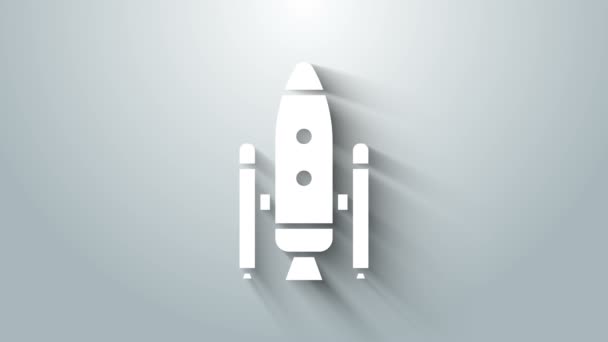 Ikon pesawat ruang angkasa putih dan roket terisolasi pada latar belakang abu-abu. Animasi grafis gerak Video 4K — Stok Video