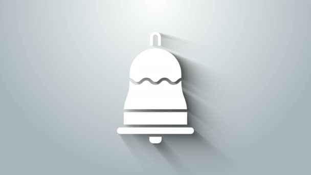 Icono de campana blanca aislada sobre fondo gris. Símbolo de alarma, campana de servicio, señal de timbre, símbolo de notificación. Animación gráfica de vídeo 4K — Vídeo de stock