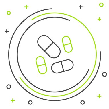Beyaz arka planda izole edilmiş hap kapsülü ikonu çizgi vitamin kompleksi. Sağlıklı bir yaşam tarzı. Renkli taslak konsepti. Vektör.
