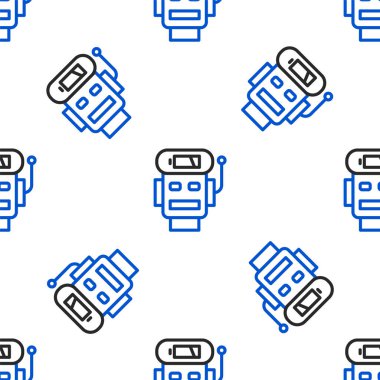 Çizgi Robotu düşük akü şarj ikonu beyaz arka planda izole edilmiş kusursuz desen. Yapay zeka, makine öğrenme, bulut hesaplama. Renkli taslak konsepti. Vektör.