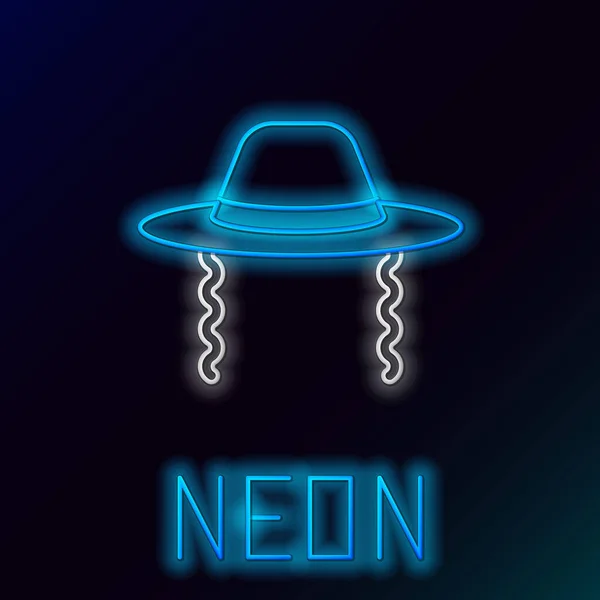 Luminoso Cappello Ebreo Ortodosso Linea Neon Con Icona Sidelocks Isolato — Vettoriale Stock