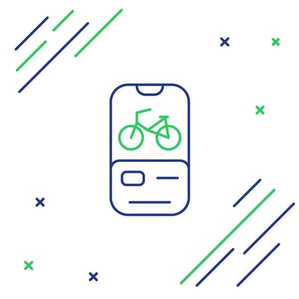 ライン自転車レンタルモバイルアプリのアイコンは白い背景に隔離されています 市内のレンタル自転車のためのスマートサービス 共有システムのためのモバイルアプリ カラフルなアウトラインコンセプト ベクトル — ストックベクタ