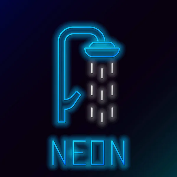 Gloeiende Neon Lijn Douchekop Met Waterdruppels Stromend Pictogram Geïsoleerd Zwarte — Stockvector