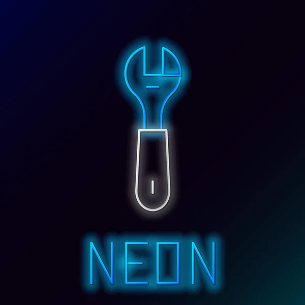 Gloeiende Neon Lijn Wrench Moersleutel Pictogram Geïsoleerd Zwarte Achtergrond Kleurrijk — Stockvector