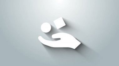 Beyaz Küp, gri arka planda, el simgesinin üzerinde yükseliyor. Havalanma sembolü. 4K Video hareketli grafik canlandırması
