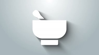 Beyaz Sihirli havan ve tokmak simgesi gri arkaplanda izole edildi. 4K Video hareketli grafik canlandırması