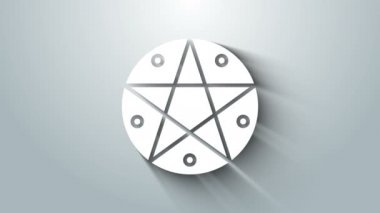 Gri arkaplanda izole edilmiş bir daire simgesinde beyaz pentagram. Sihirli okült yıldız sembolü. 4K Video hareketli grafik canlandırması