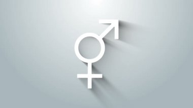 Gri arkaplanda beyaz cinsiyet simgesi izole edildi. Erkek ve kadın sembolleri. Seks sembolü. 4K Video hareketli grafik canlandırması